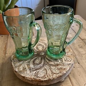 VINTAGE COCA COLA LIBBY GLASSES GREEN GLASS MUGS HEAVY WITH HANDLES SET OF 2